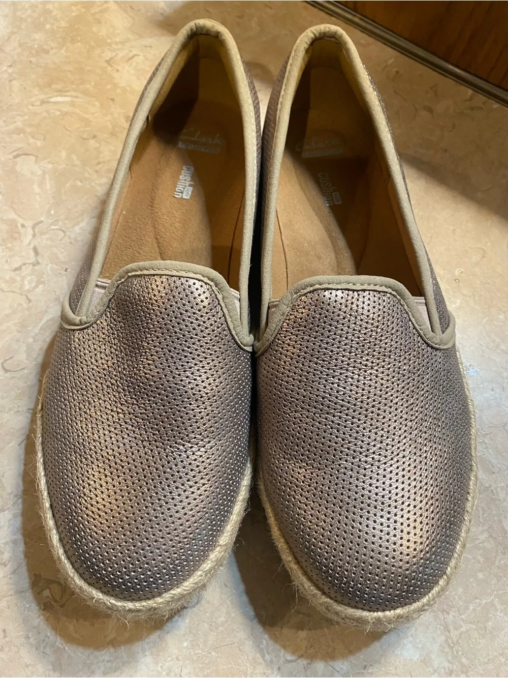 Clarks Metallic Taupe Perforated Espadrilles Slip-Ons